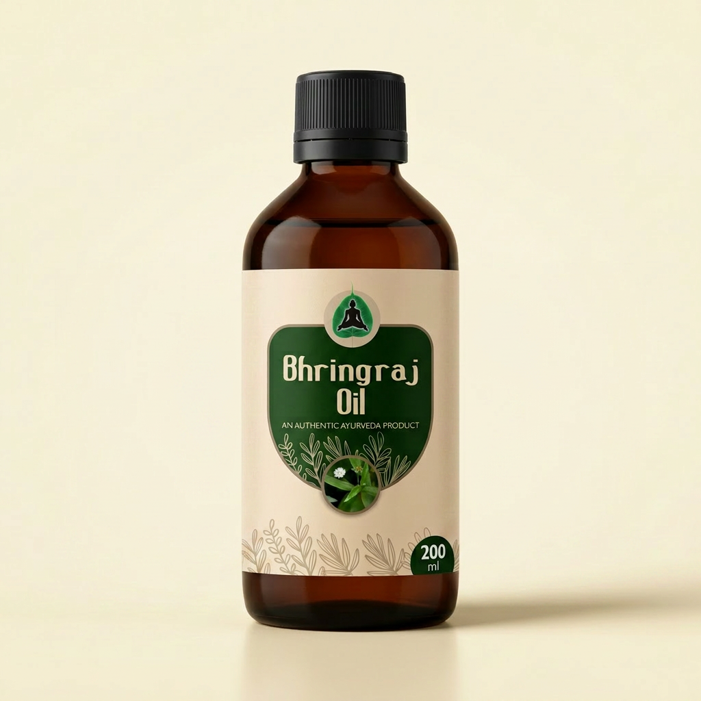 Chakrapani Bhringaraj Oil bottle with its green product label